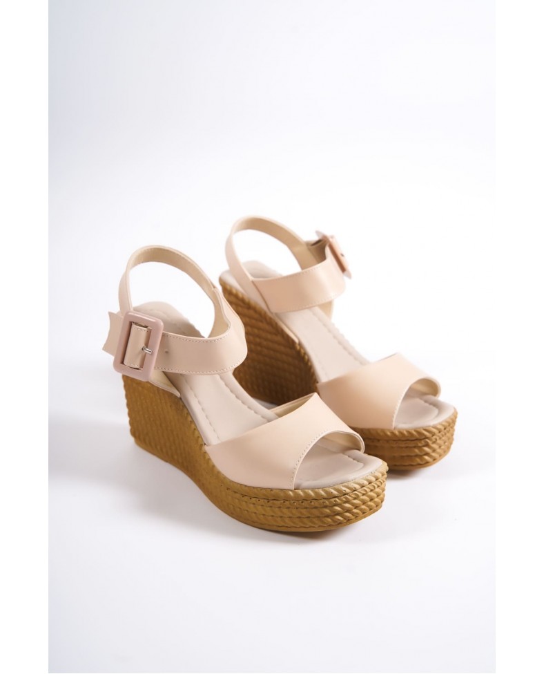 PERLA Tokalı Lastikli Dolgu Topuklu Ortopedik Taban Hasır Görünümlü Kadın Sandalet CKT - Ten Somersan Giyim | Kadın, Erkek ve Çocuk Moda