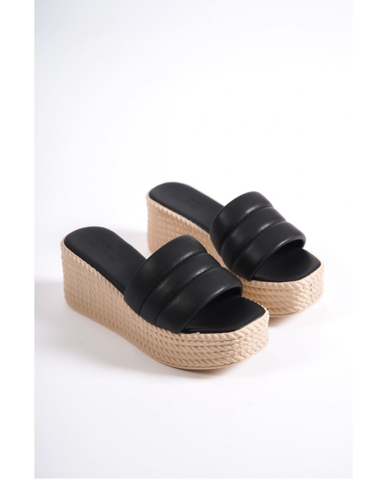 REINA Dolgu Topuklu Ortopedik Taban Hasır Görünümlü Kadın Terlik CKT - Siyah Somersan Giyim | Kadın, Erkek ve Çocuk Moda