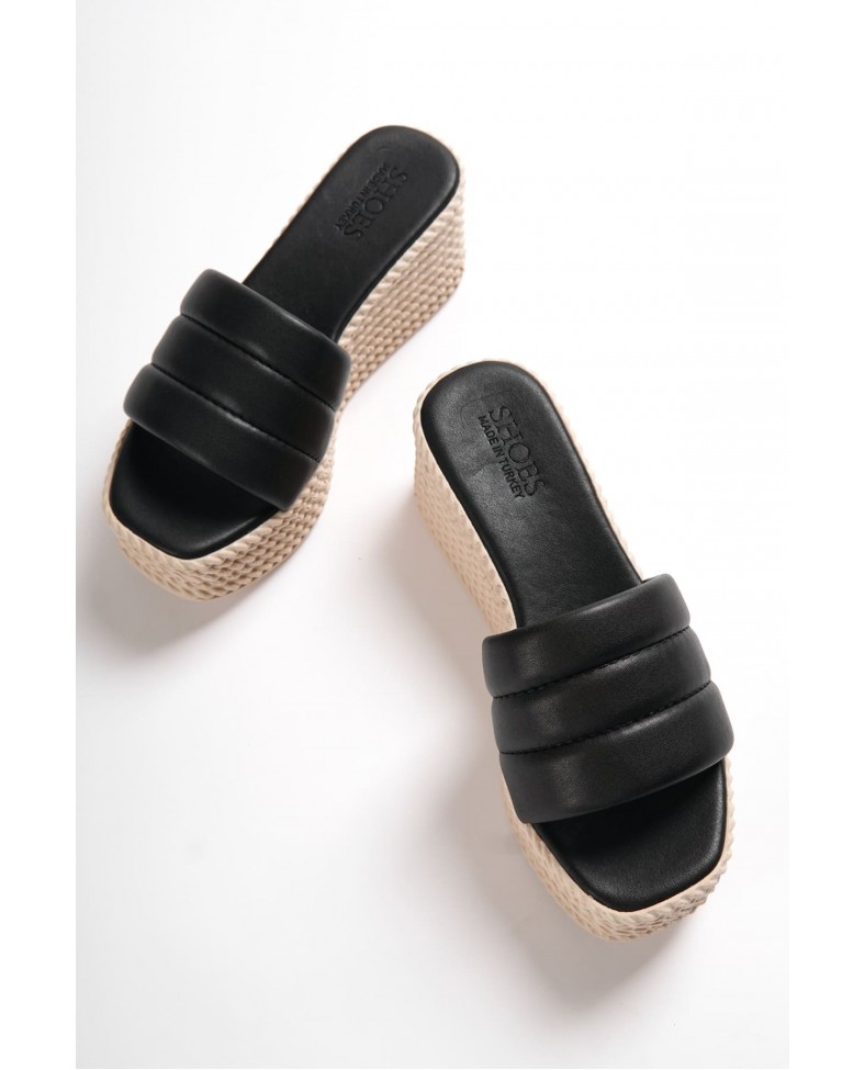 REINA Dolgu Topuklu Ortopedik Taban Hasır Görünümlü Kadın Terlik CKT - Siyah Somersan Giyim | Kadın, Erkek ve Çocuk Moda