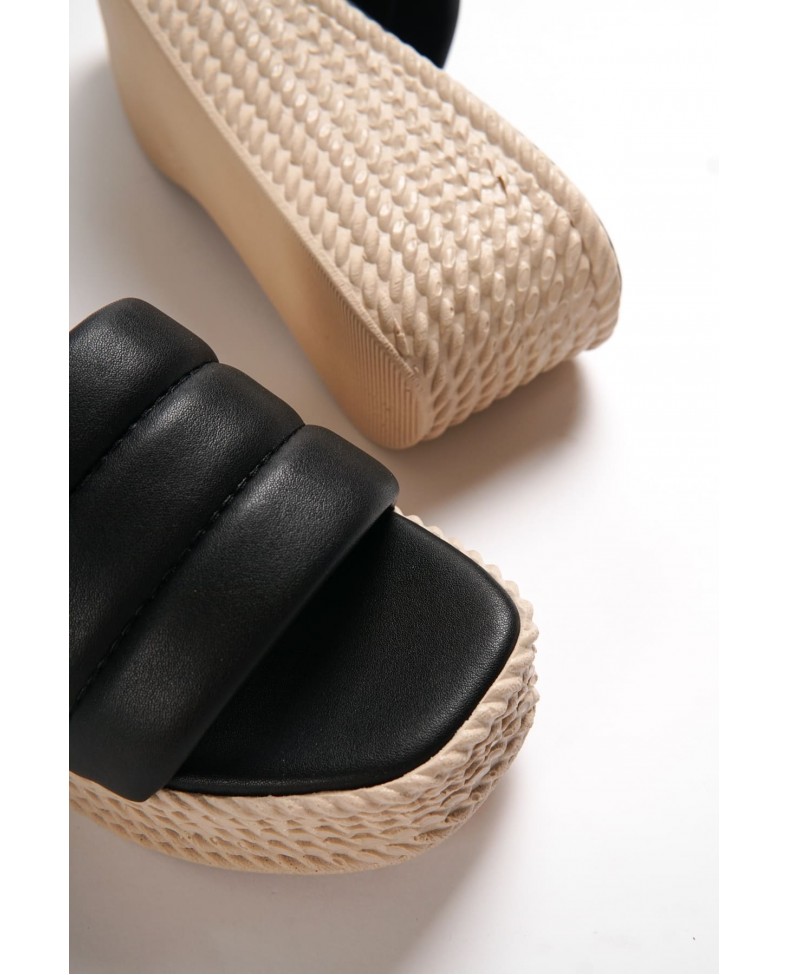 REINA Dolgu Topuklu Ortopedik Taban Hasır Görünümlü Kadın Terlik CKT - Siyah Somersan Giyim | Kadın, Erkek ve Çocuk Moda