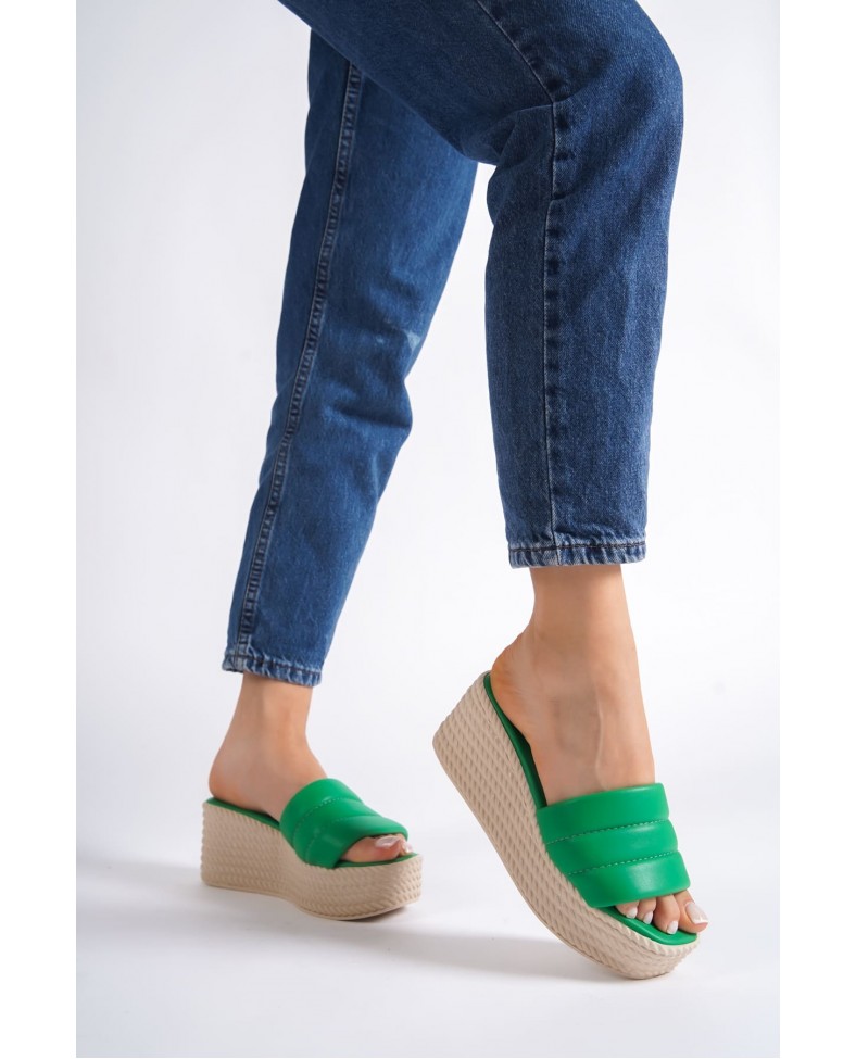 REINA Dolgu Topuklu Ortopedik Taban Hasır Görünümlü Kadın Terlik CKT - Yeşil Somersan Giyim | Kadın, Erkek ve Çocuk Moda