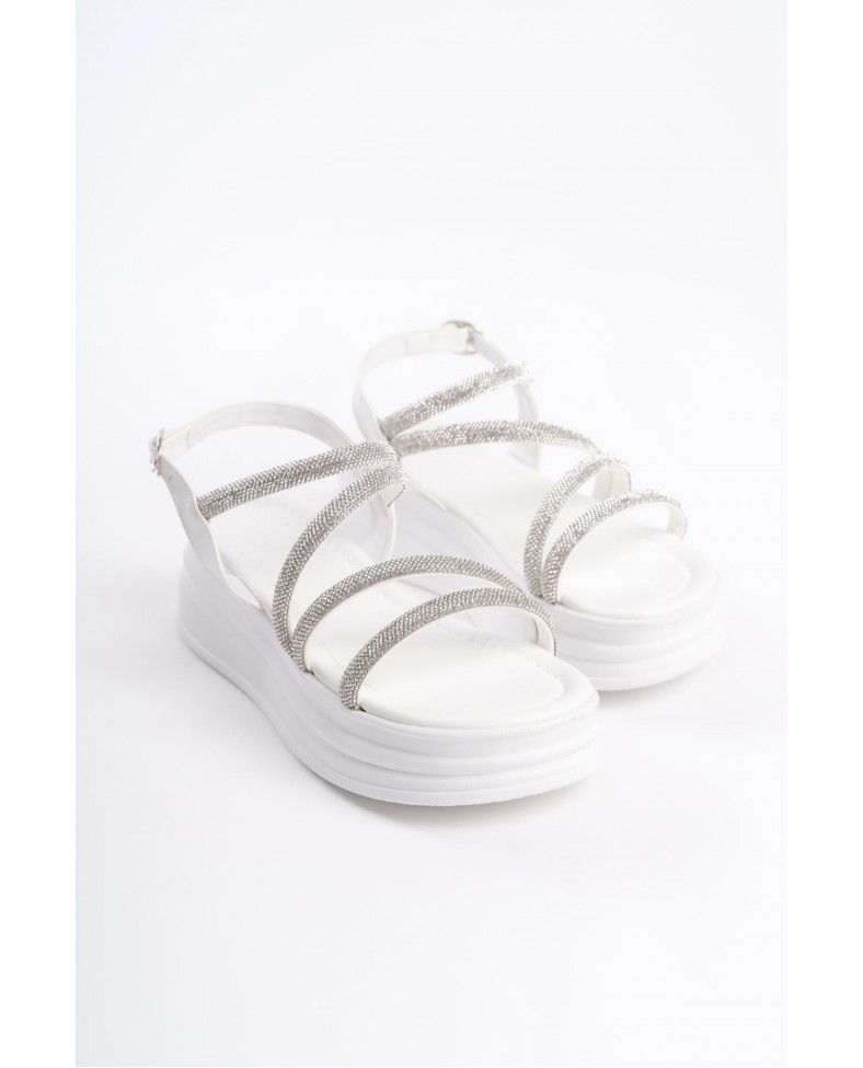RILEY İnce Tokalı Taşlı Şeritli Ortopedik Taban Kadın Sandalet CBT - Beyaz Somersan Giyim | Kadın, Erkek ve Çocuk Moda