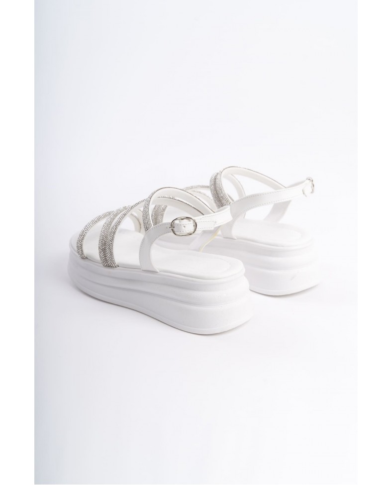 RILEY İnce Tokalı Taşlı Şeritli Ortopedik Taban Kadın Sandalet CBT - Beyaz Somersan Giyim | Kadın, Erkek ve Çocuk Moda