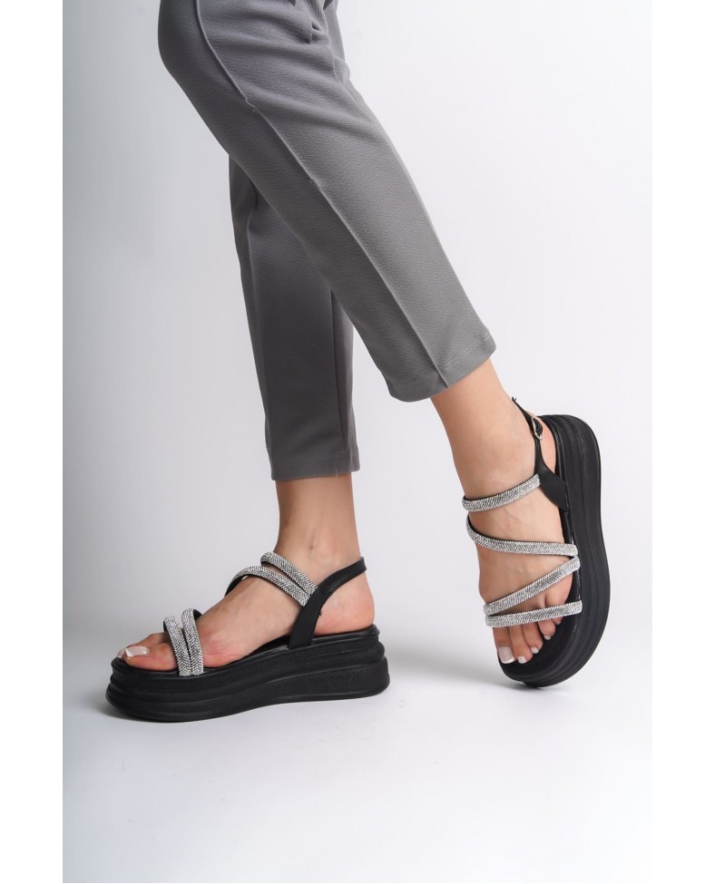 RILEY İnce Tokalı Taşlı Şeritli Ortopedik Taban Kadın Sandalet  CST - Siyah Somersan Giyim | Kadın, Erkek ve Çocuk Moda