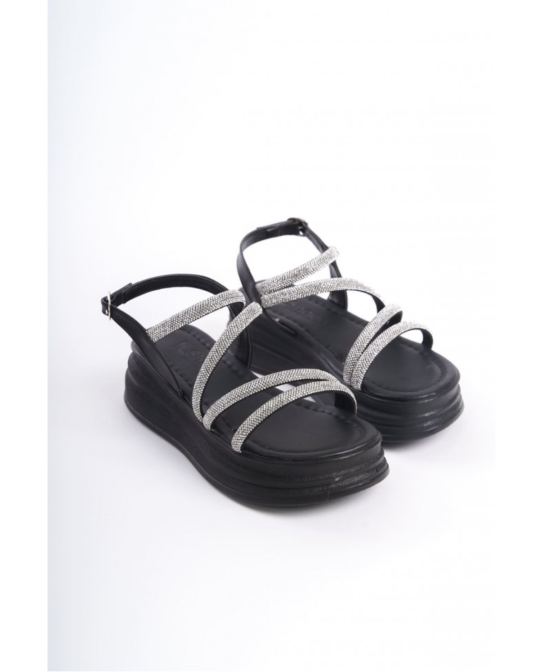 RILEY İnce Tokalı Taşlı Şeritli Ortopedik Taban Kadın Sandalet  CST - Siyah Somersan Giyim | Kadın, Erkek ve Çocuk Moda