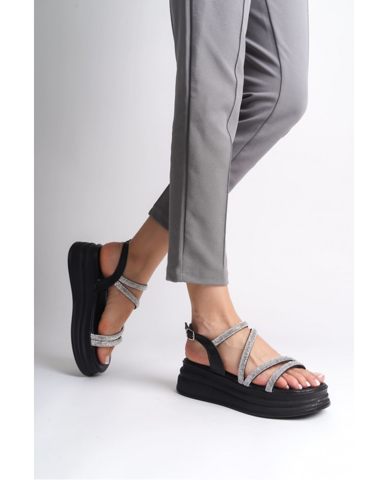 RILEY İnce Tokalı Taşlı Şeritli Ortopedik Taban Kadın Sandalet  CST - Siyah Somersan Giyim | Kadın, Erkek ve Çocuk Moda