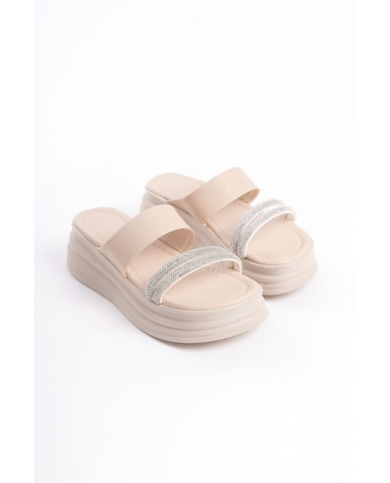SARAH Düz Topuklu Taşlı Şeritli Kalın ve Ortopedik Taban Kadın Terlik  CKT - Krem Somersan Giyim | Kadın, Erkek ve Çocuk Moda