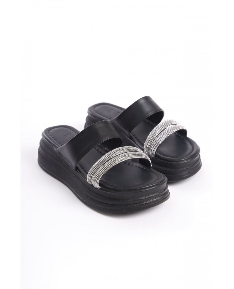 SARAH Düz Topuklu Taşlı Şeritli Kalın ve Ortopedik Taban Kadın Terlik CST - Siyah Somersan Giyim | Kadın, Erkek ve Çocuk Moda