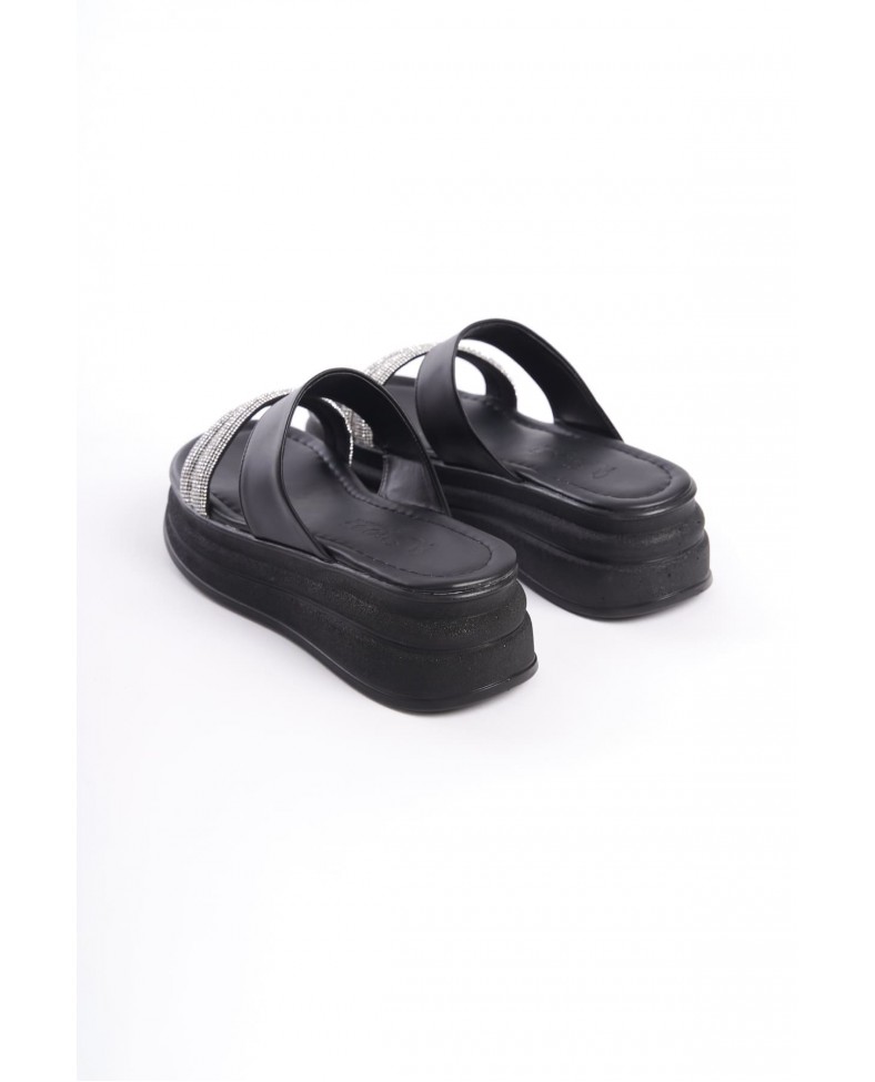 SARAH Düz Topuklu Taşlı Şeritli Kalın ve Ortopedik Taban Kadın Terlik CST - Siyah Somersan Giyim | Kadın, Erkek ve Çocuk Moda