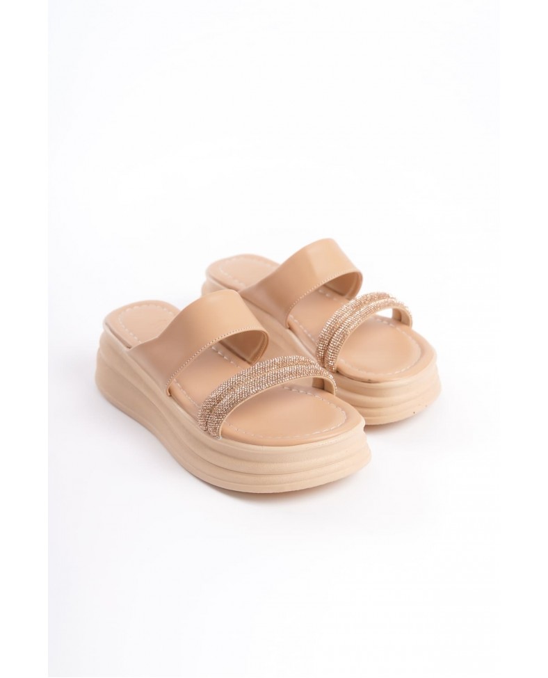 SARAH Düz Topuklu Taşlı Şeritli Kalın ve Ortopedik Taban Kadın Terlik CTT - Ten Somersan Giyim | Kadın, Erkek ve Çocuk Moda