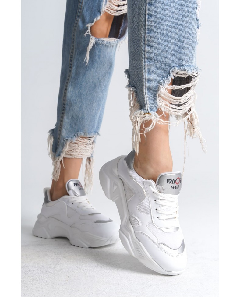 TOKYO Bağcıklı Ortopedik Taban Triko Detaylı Kadın Spor Ayakkabı  TBT - Beyaz/Gri Somersan Giyim | Kadın, Erkek ve Çocuk Moda