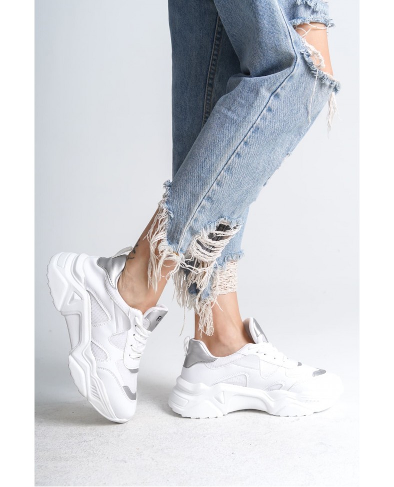 TOKYO Bağcıklı Ortopedik Taban Triko Detaylı Kadın Spor Ayakkabı  TBT - Beyaz/Gri Somersan Giyim | Kadın, Erkek ve Çocuk Moda