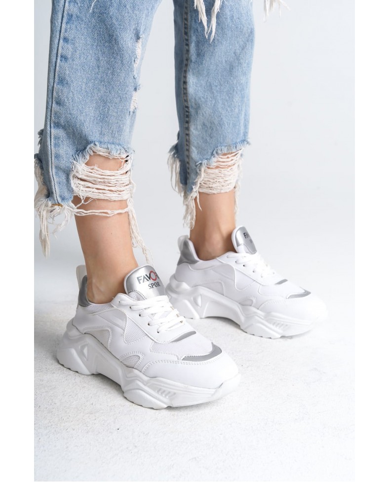 TOKYO Bağcıklı Ortopedik Taban Triko Detaylı Kadın Spor Ayakkabı  TBT - Beyaz/Gri Somersan Giyim | Kadın, Erkek ve Çocuk Moda