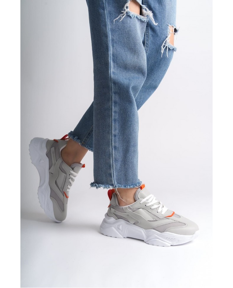 TOKYO Bağcıklı Ortopedik Taban Triko Detaylı Kadın Spor Ayakkabı  TBT - Gri/Turuncu Somersan Giyim | Kadın, Erkek ve Çocuk Moda