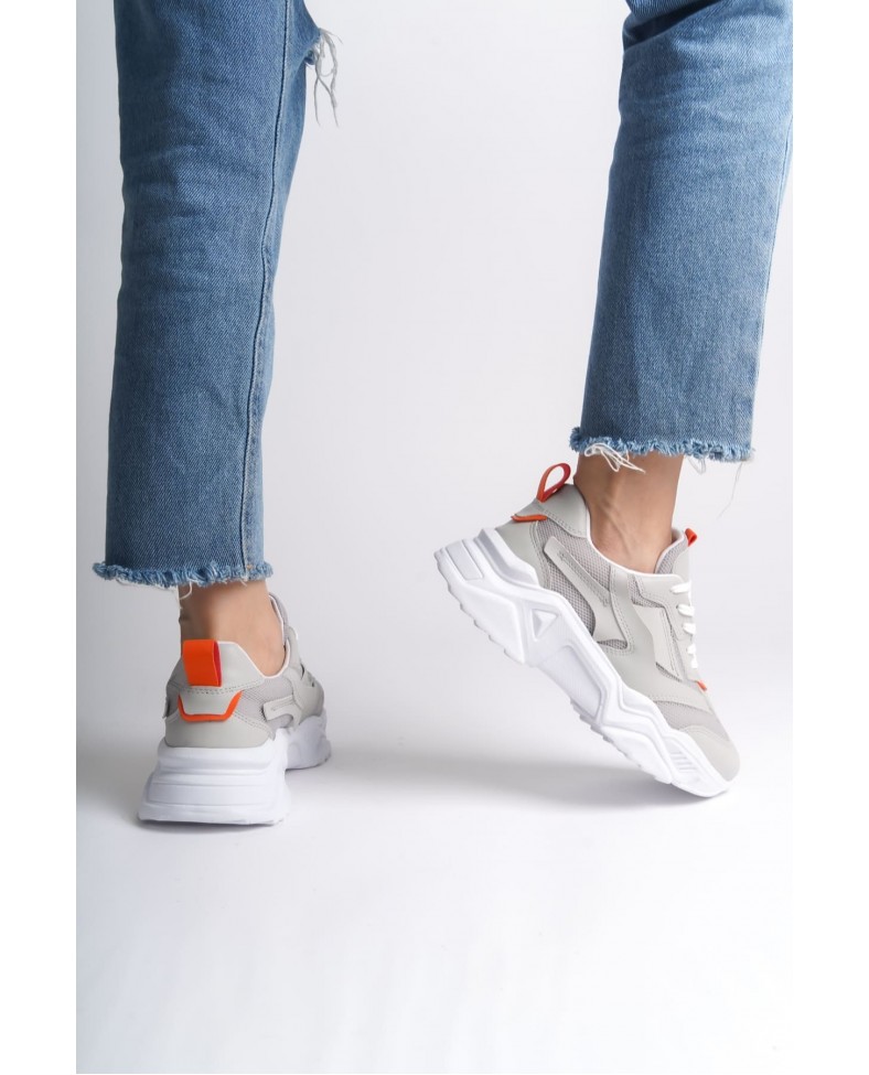 TOKYO Bağcıklı Ortopedik Taban Triko Detaylı Kadın Spor Ayakkabı  TBT - Gri/Turuncu Somersan Giyim | Kadın, Erkek ve Çocuk Moda