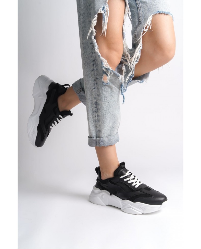 TOKYO Bağcıklı Ortopedik Taban Triko Detaylı Kadın Spor Ayakkabı  TBT - Siyah Somersan Giyim | Kadın, Erkek ve Çocuk Moda