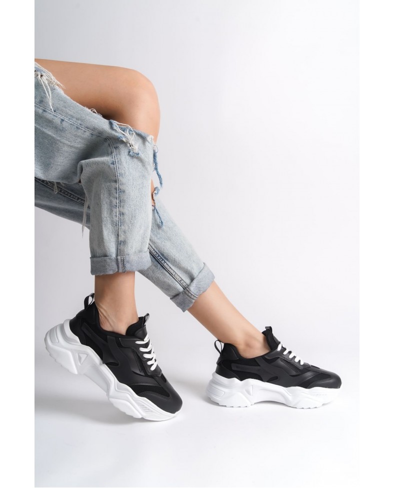 TOKYO Bağcıklı Ortopedik Taban Triko Detaylı Kadın Spor Ayakkabı  TBT - Siyah Somersan Giyim | Kadın, Erkek ve Çocuk Moda