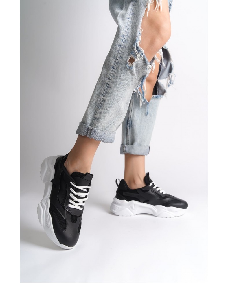 TOKYO Bağcıklı Ortopedik Taban Triko Detaylı Kadın Spor Ayakkabı  TBT - Siyah Somersan Giyim | Kadın, Erkek ve Çocuk Moda