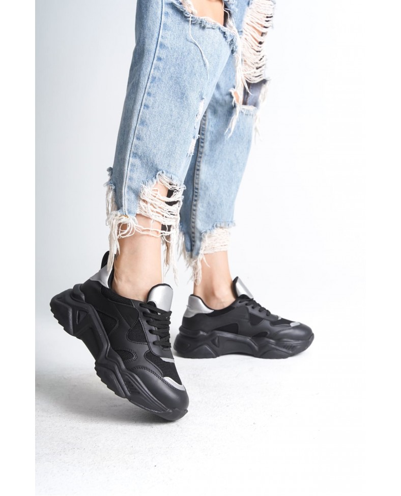 TOKYO Bağcıklı Ortopedik Taban Triko Detaylı Kadın Spor Ayakkabı  TST - Siyah/Gri Somersan Giyim | Kadın, Erkek ve Çocuk Moda