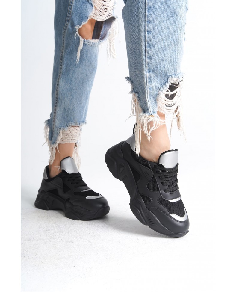 TOKYO Bağcıklı Ortopedik Taban Triko Detaylı Kadın Spor Ayakkabı  TST - Siyah/Gri Somersan Giyim | Kadın, Erkek ve Çocuk Moda