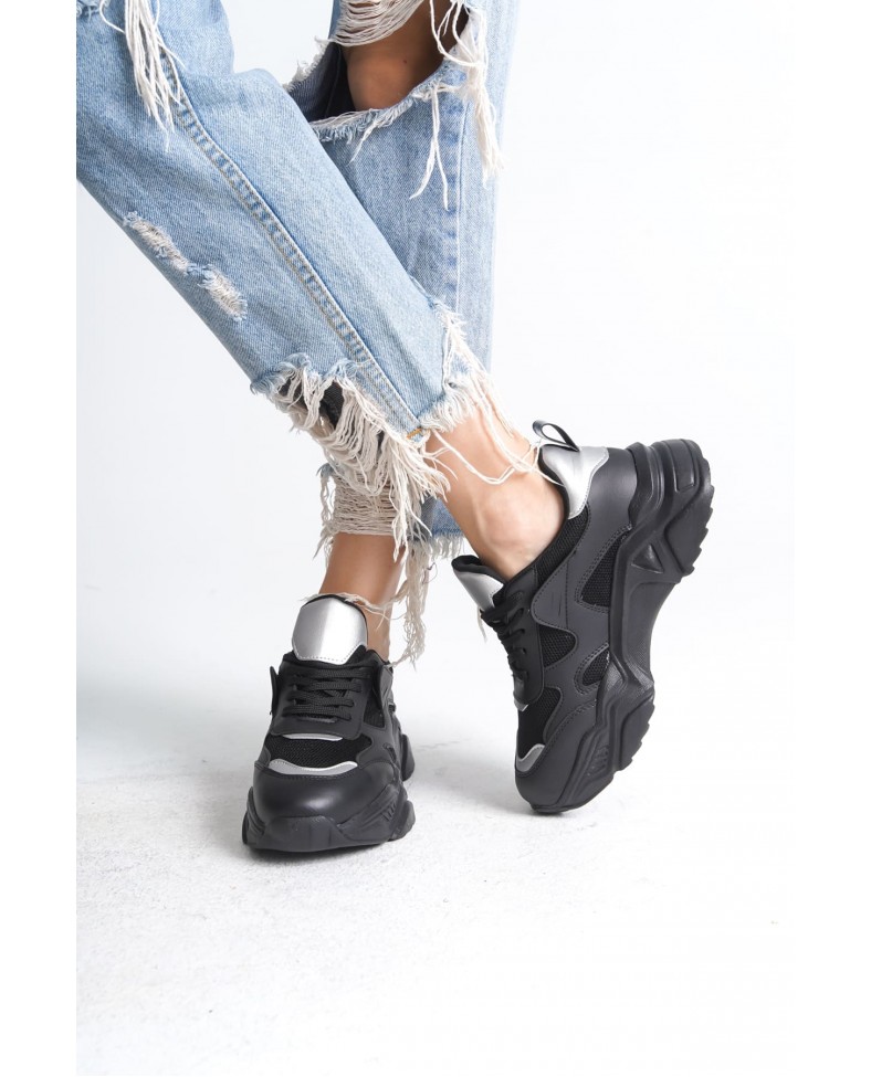 TOKYO Bağcıklı Ortopedik Taban Triko Detaylı Kadın Spor Ayakkabı  TST - Siyah/Gri Somersan Giyim | Kadın, Erkek ve Çocuk Moda