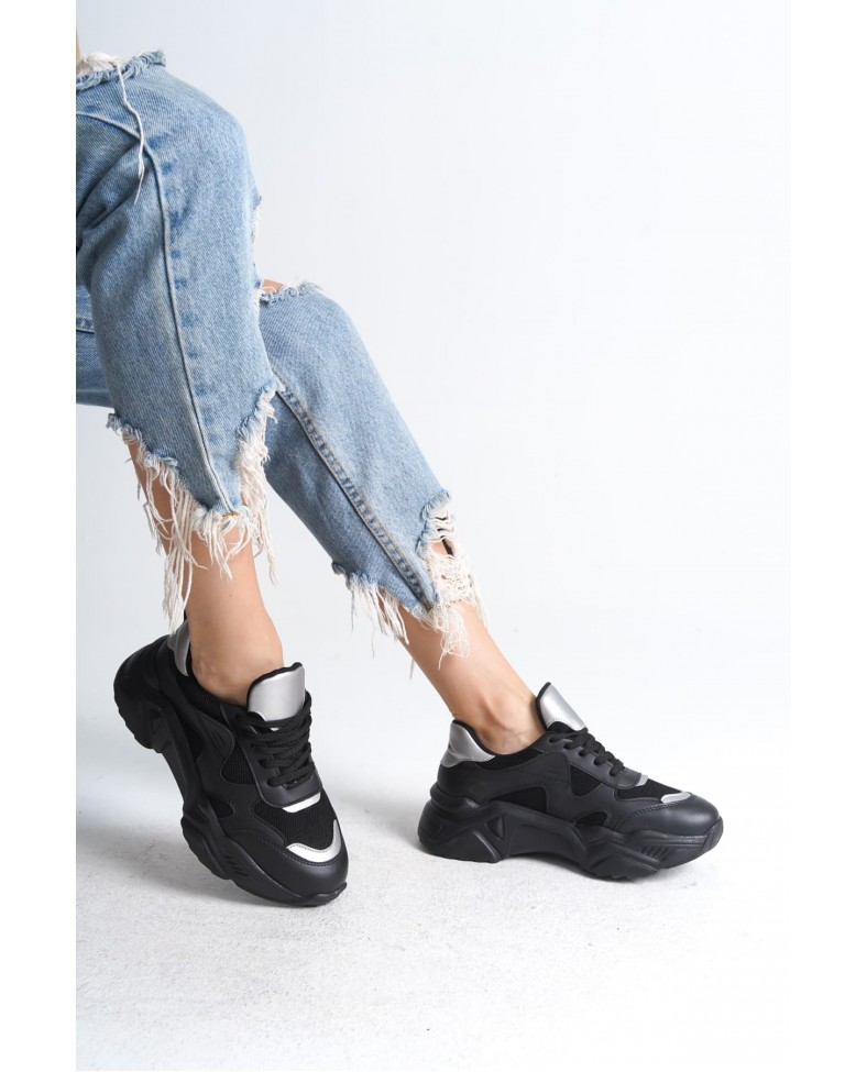 TOKYO Bağcıklı Ortopedik Taban Triko Detaylı Kadın Spor Ayakkabı  TST - Siyah/Gri Somersan Giyim | Kadın, Erkek ve Çocuk Moda