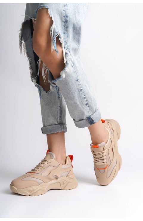 TOKYO Bağcıklı Ortopedik Taban Triko Detaylı Kadın Spor Ayakkabı  TTT - Ten/Turuncu