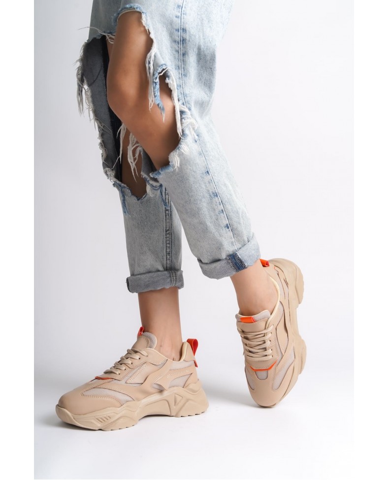 TOKYO Bağcıklı Ortopedik Taban Triko Detaylı Kadın Spor Ayakkabı  TTT - Ten/Turuncu Somersan Giyim | Kadın, Erkek ve Çocuk Moda