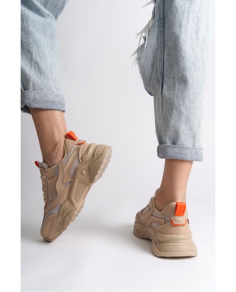 TOKYO Bağcıklı Ortopedik Taban Triko Detaylı Kadın Spor Ayakkabı  TTT - Ten/Turuncu Somersan Giyim | Kadın, Erkek ve Çocuk Moda