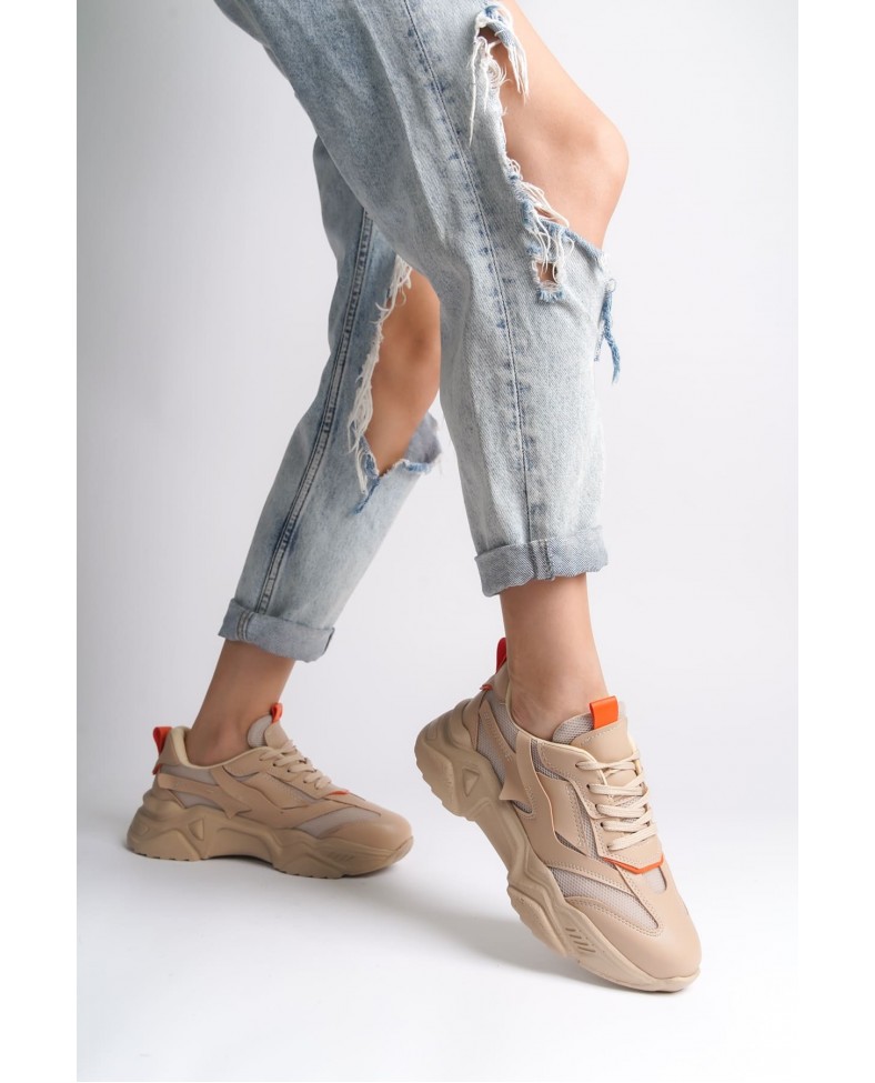 TOKYO Bağcıklı Ortopedik Taban Triko Detaylı Kadın Spor Ayakkabı  TTT - Ten/Turuncu Somersan Giyim | Kadın, Erkek ve Çocuk Moda