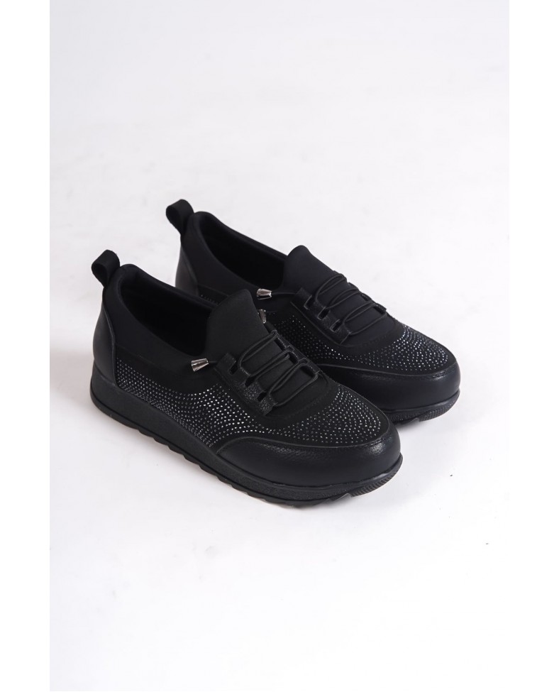 VIOLET Bağcıklı Lastikli Ortopedik Rahat Taban Taş Detaylı Klasik Kadın Babet Anne Ayakkabısı  CST - Siyah Somersan Giyim | Kadın, Erkek ve Çocuk Moda