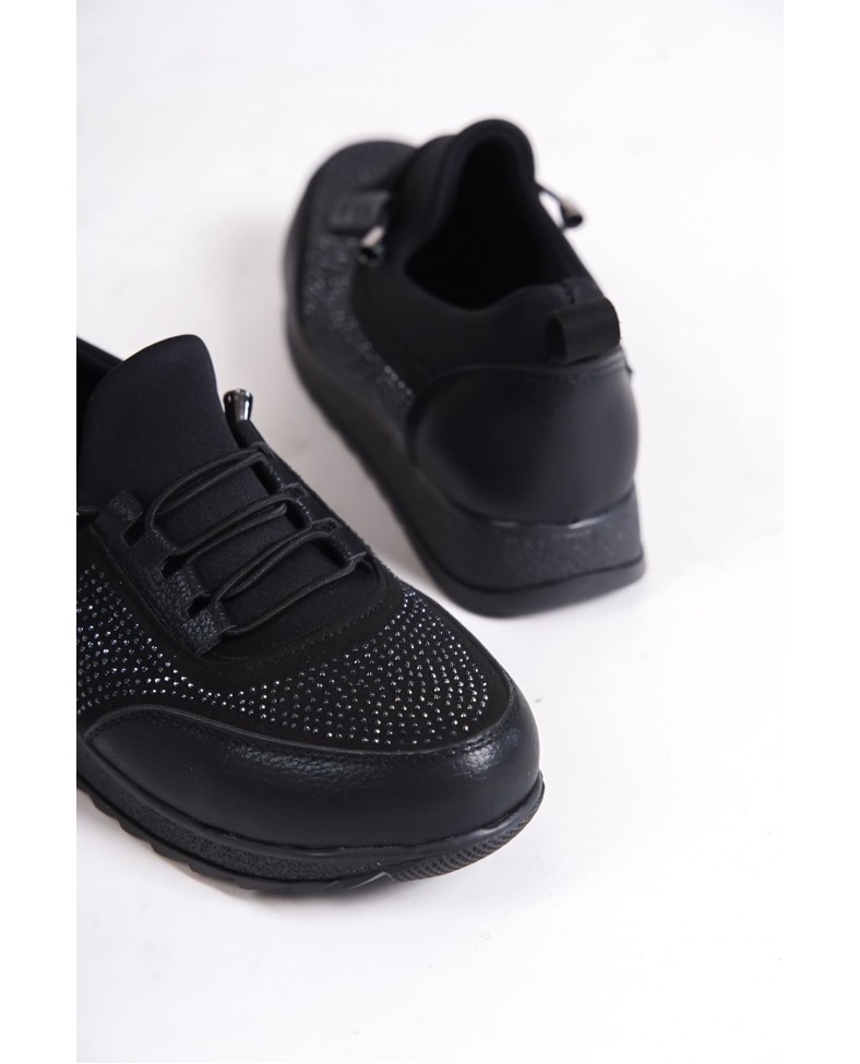 VIOLET Bağcıklı Lastikli Ortopedik Rahat Taban Taş Detaylı Klasik Kadın Babet Anne Ayakkabısı  CST - Siyah Somersan Giyim | Kadın, Erkek ve Çocuk Moda