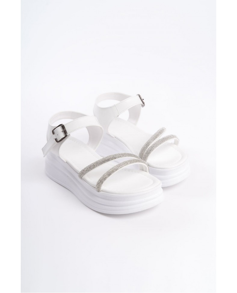 ZLOHE Kalın Tokalı Taşlı Şeritli Ortopedik Taban Kadın Sandalet CBT - Beyaz Somersan Giyim | Kadın, Erkek ve Çocuk Moda