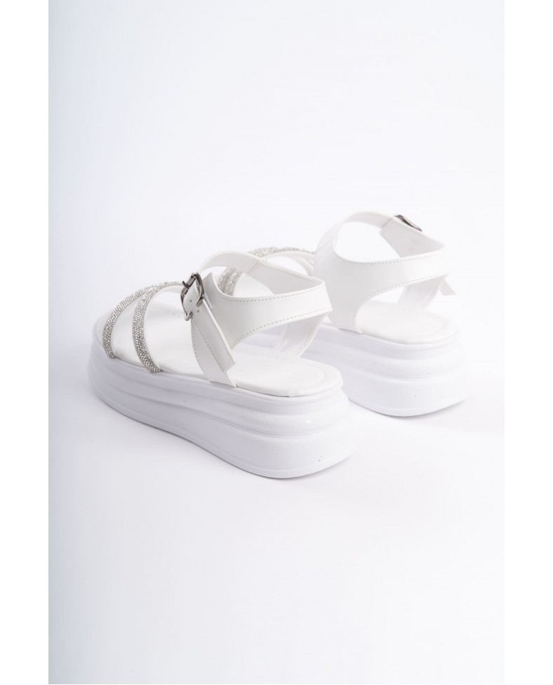 ZLOHE Kalın Tokalı Taşlı Şeritli Ortopedik Taban Kadın Sandalet CBT - Beyaz Somersan Giyim | Kadın, Erkek ve Çocuk Moda