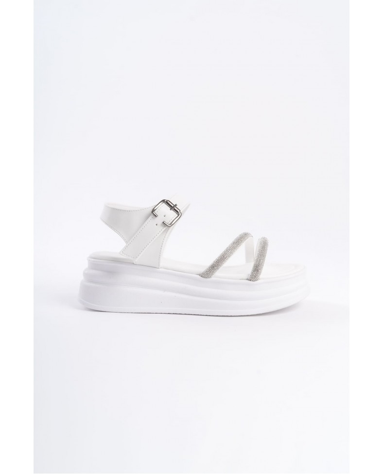 ZLOHE Kalın Tokalı Taşlı Şeritli Ortopedik Taban Kadın Sandalet CBT - Beyaz Somersan Giyim | Kadın, Erkek ve Çocuk Moda