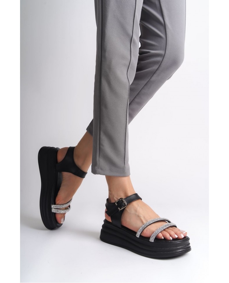 ZLOHE Kalın Tokalı Taşlı Şeritli Ortopedik Taban Kadın Sandalet  CST - Siyah Somersan Giyim | Kadın, Erkek ve Çocuk Moda