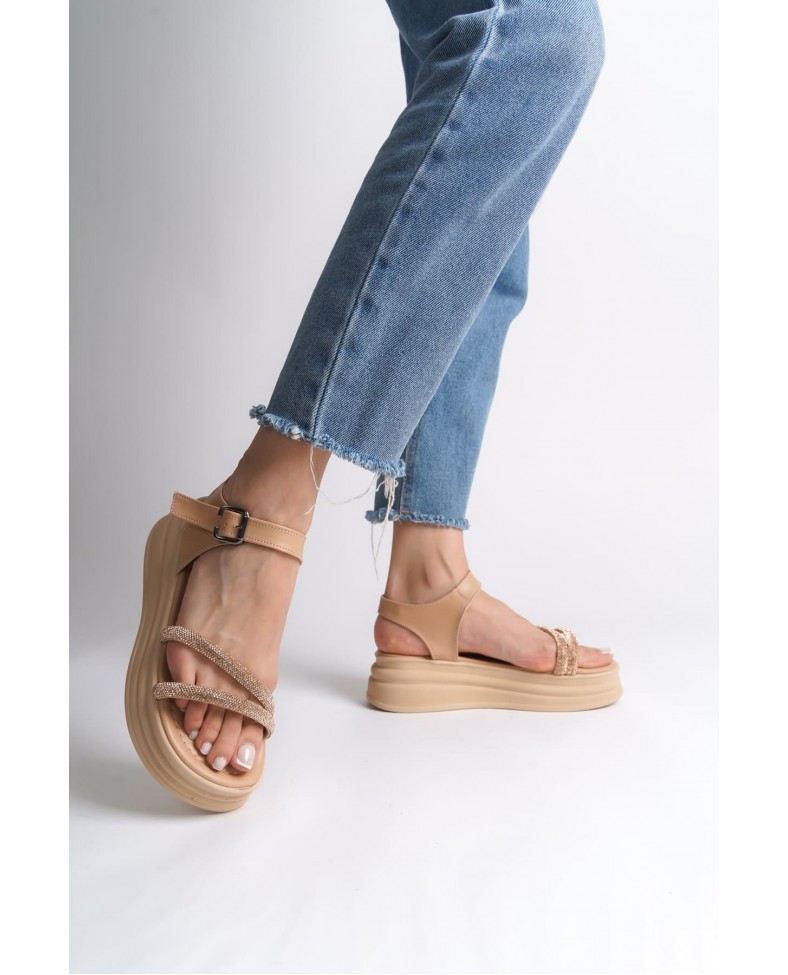 ZLOHE Kalın Tokalı Taşlı Şeritli Ortopedik Taban Kadın Sandalet CTT - Ten Somersan Giyim | Kadın, Erkek ve Çocuk Moda