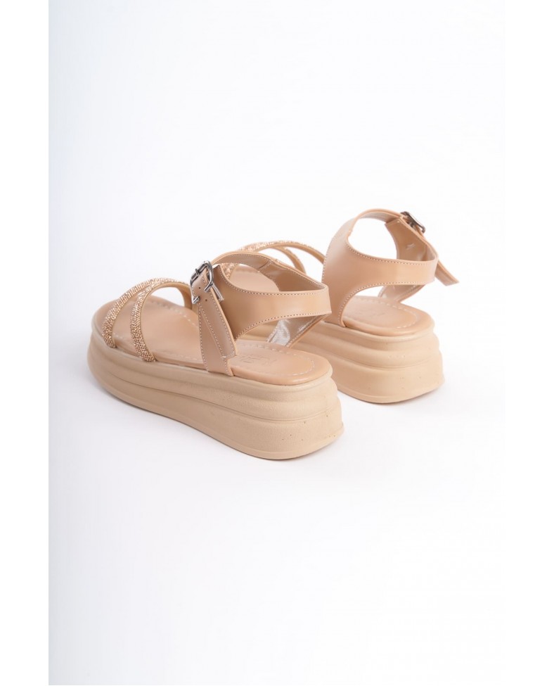 ZLOHE Kalın Tokalı Taşlı Şeritli Ortopedik Taban Kadın Sandalet CTT - Ten Somersan Giyim | Kadın, Erkek ve Çocuk Moda