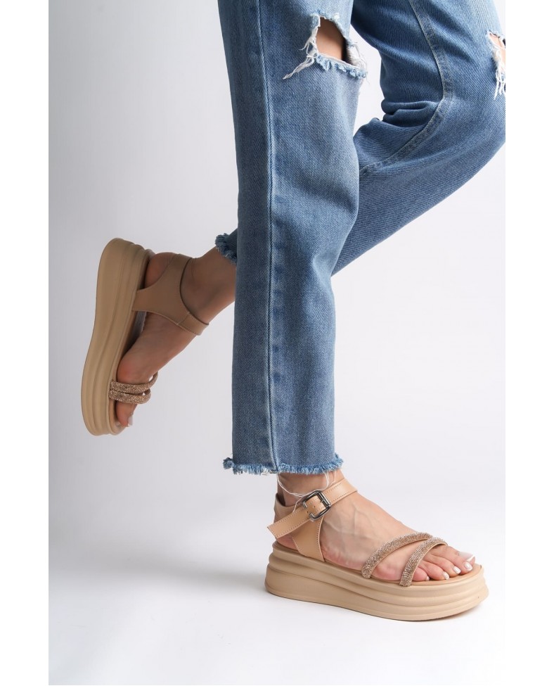 ZLOHE Kalın Tokalı Taşlı Şeritli Ortopedik Taban Kadın Sandalet CTT - Ten Somersan Giyim | Kadın, Erkek ve Çocuk Moda