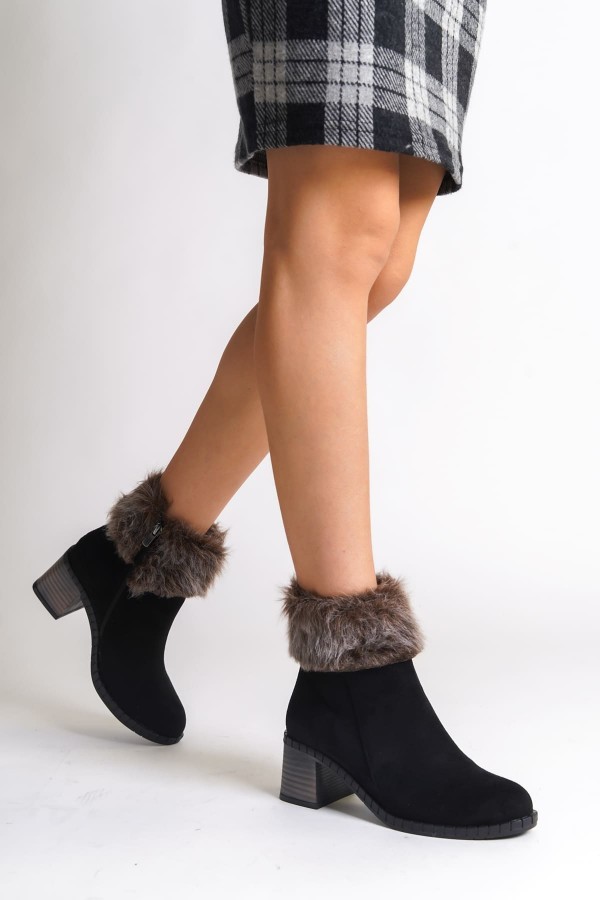JULIA Fermuarlı Ortopedik Taban Tüylü Topuklu Süet Kadın Bot  SST - Siyah