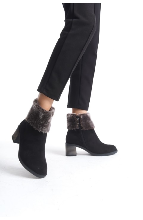 KATYA Fermuarlı Ortopedik Taban Topuklu Kürk Detaylı Süet Kadın Bot  SST - Siyah