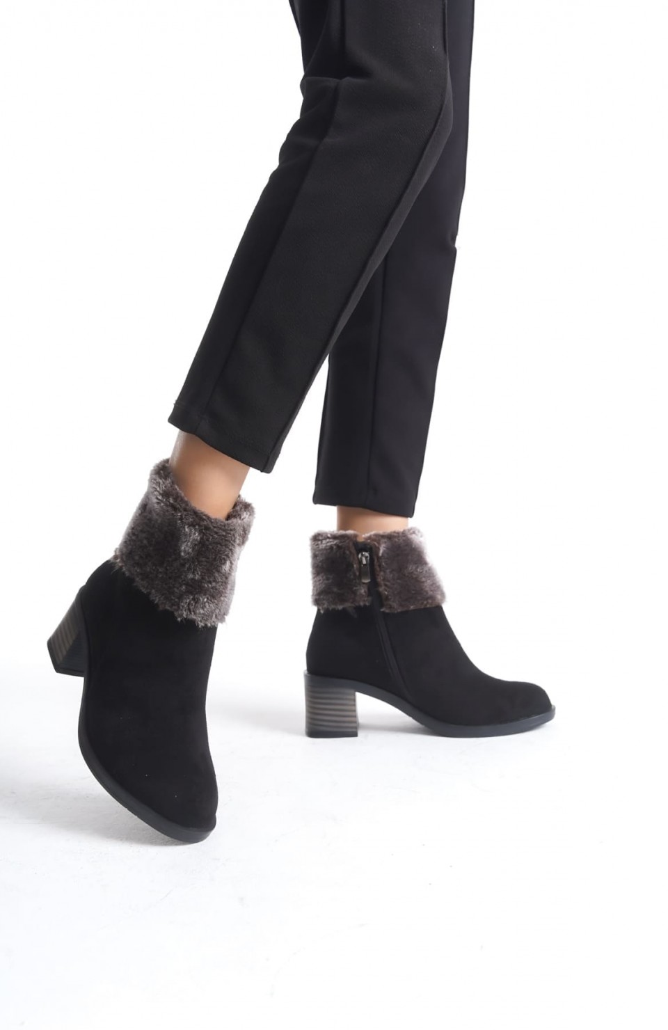 KATYA Fermuarlı Ortopedik Taban Topuklu Kürk Detaylı Süet Kadın Bot  SST - Siyah Somersan Giyim | Kadın, Erkek ve Çocuk Moda