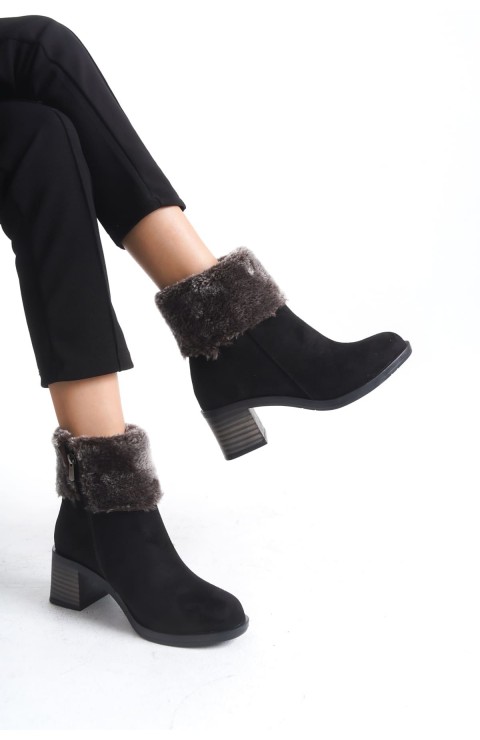 KATYA Fermuarlı Ortopedik Taban Topuklu Kürk Detaylı Süet Kadın Bot  SST - Siyah