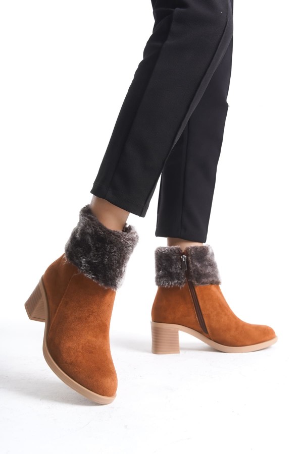 KATYA Fermuarlı Ortopedik Taban Topuklu Kürk Detaylı Süet Kadın Bot  STT - Taba