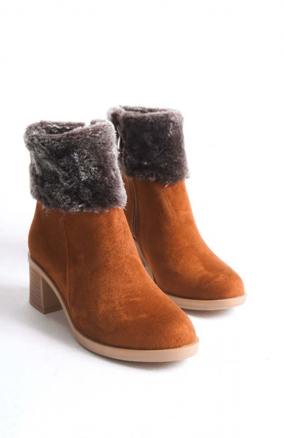 KATYA Fermuarlı Ortopedik Taban Topuklu Kürk Detaylı Süet Kadın Bot  STT - Taba Somersan Giyim | Kadın, Erkek ve Çocuk Moda