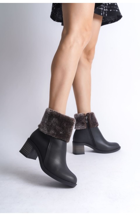 KATYA Fermuarlı Ortopedik Taban Topuklu Kürk DetaylıKadın Bot  CST - Siyah