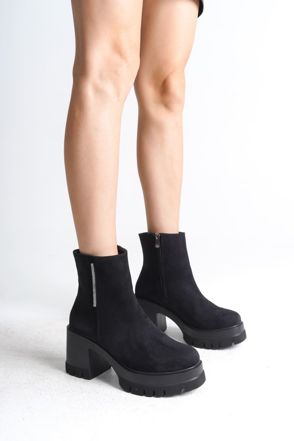 LISSE Fermuarlı Ortopedik Taban Kalın Topuklu Süet Kadın Bot SST - Siyah