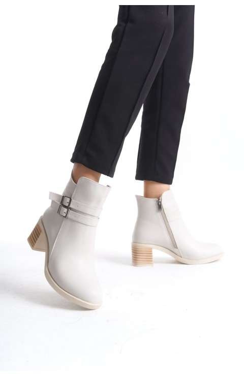 NOEMI Tokalı Fermuarlı Ortopedik Taban Topuklu Kadın Bot  CKT - Krem