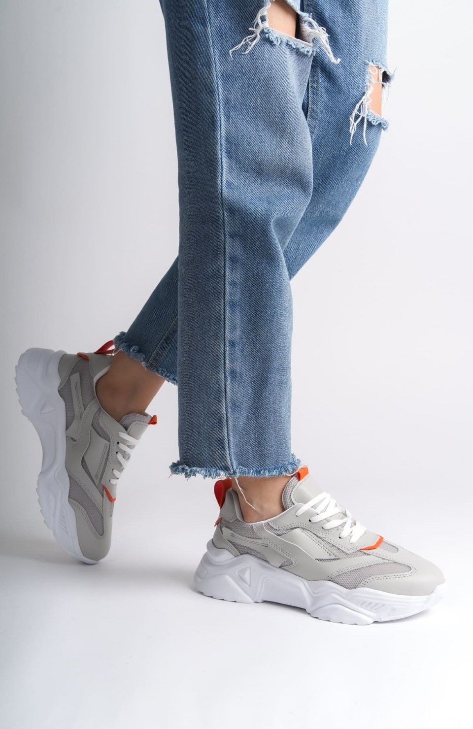 TOKYO Bağcıklı Ortopedik Taban Triko Detaylı Kadın Spor Ayakkabı  TBT - Gri/Turuncu Somersan Giyim | Kadın, Erkek ve Çocuk Moda