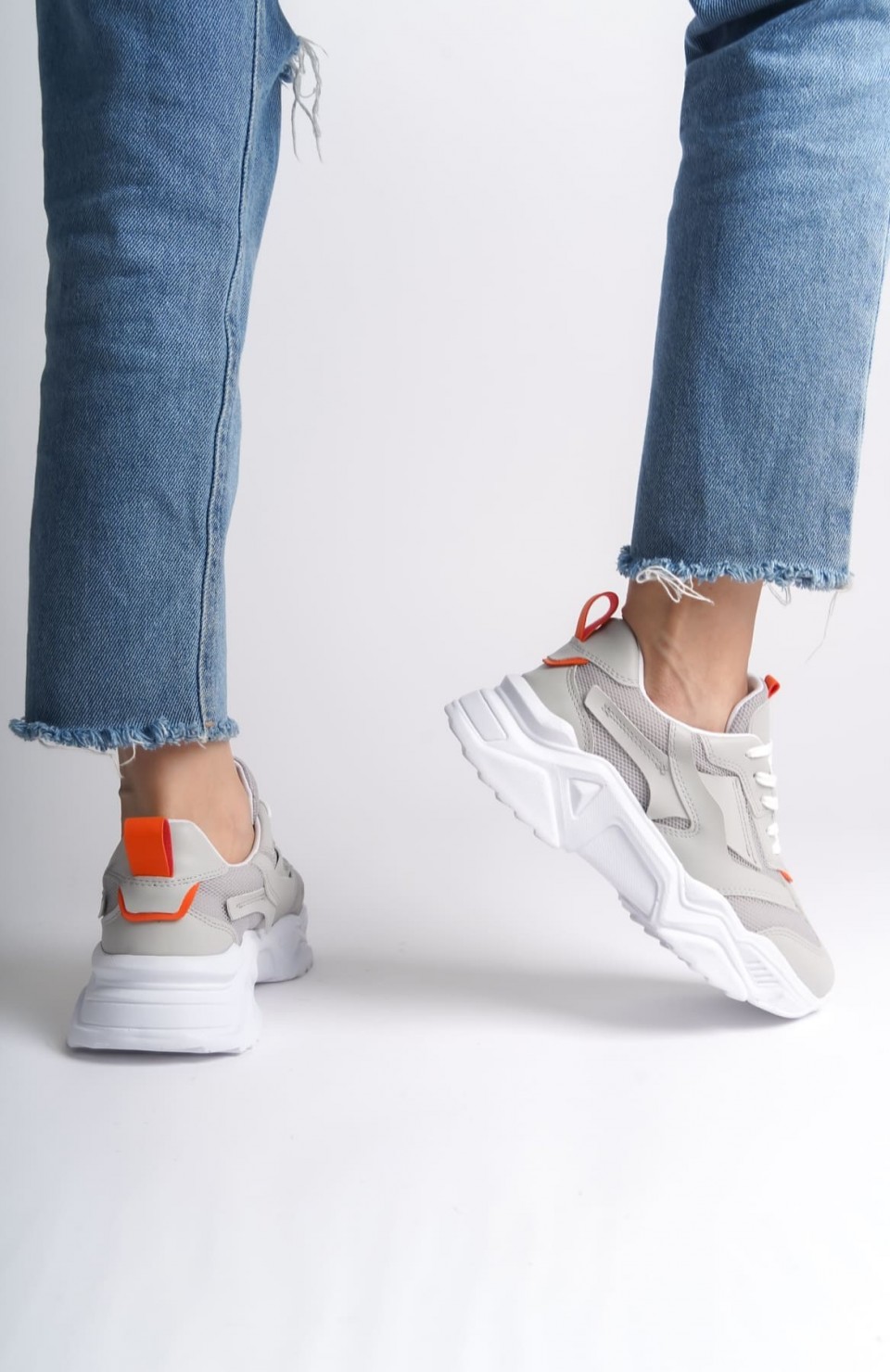 TOKYO Bağcıklı Ortopedik Taban Triko Detaylı Kadın Spor Ayakkabı  TBT - Gri/Turuncu Somersan Giyim | Kadın, Erkek ve Çocuk Moda